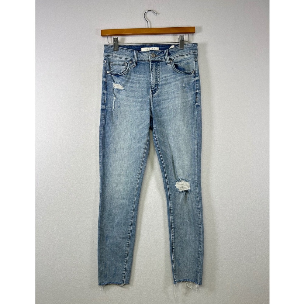 Eunina‎ Mid Rise Knee Slit Skinny Jeans Womens 27 Light Wash Distressed Raw Hem